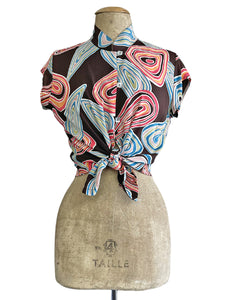 Chocolate Brown Mid-Century Geode Print Button Up Tea Timer Top