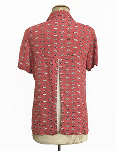 Terracotta Red Classic Cars Print Button Up Short Sleeve Camp Shirt