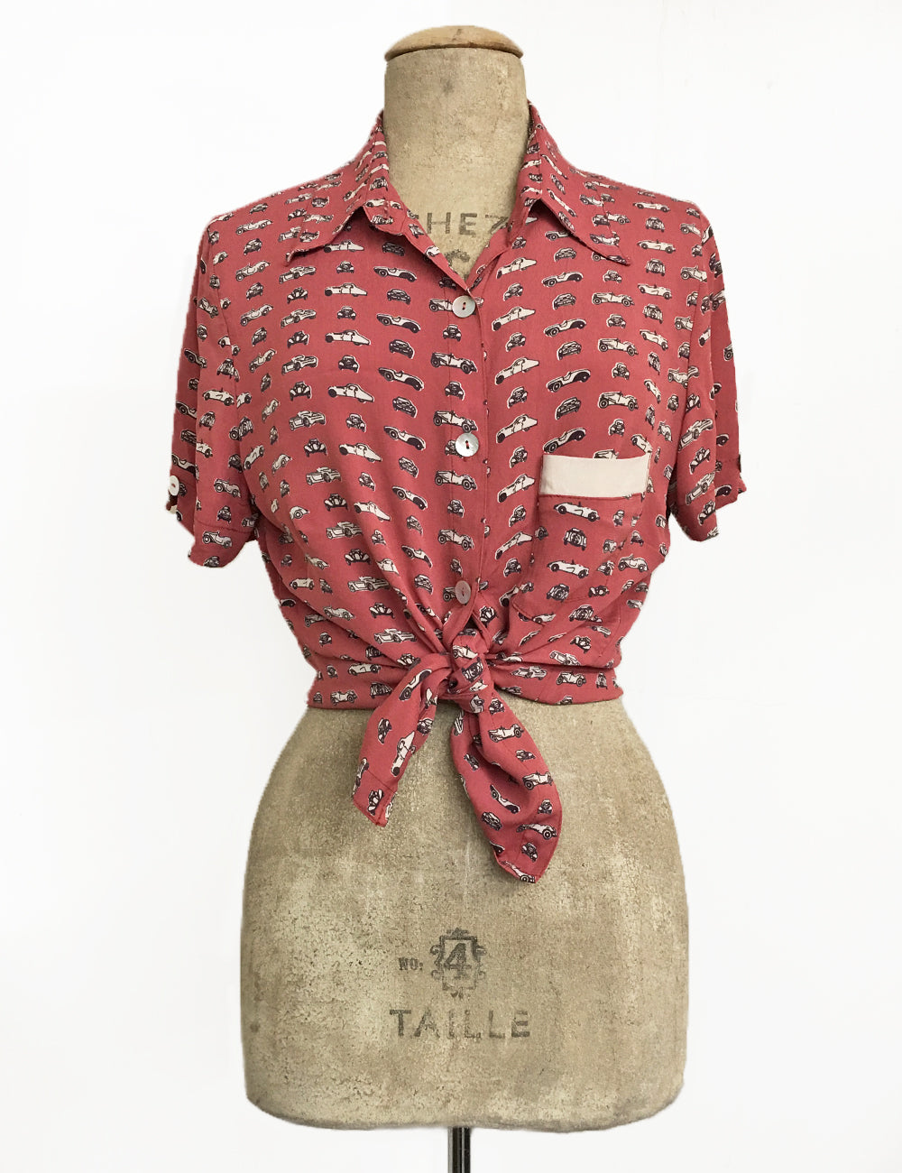Terracotta Red Classic Cars Print Button Up Short Sleeve Camp Shirt