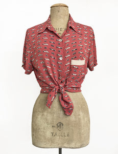 Terracotta Red Classic Cars Print Button Up Short Sleeve Camp Shirt