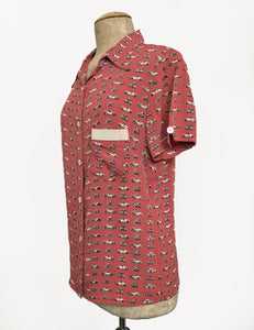 Terracotta Red Classic Cars Print Button Up Short Sleeve Camp Shirt