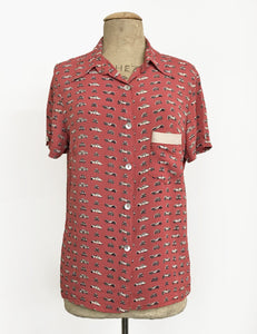 Terracotta Red Classic Cars Print Button Up Short Sleeve Camp Shirt
