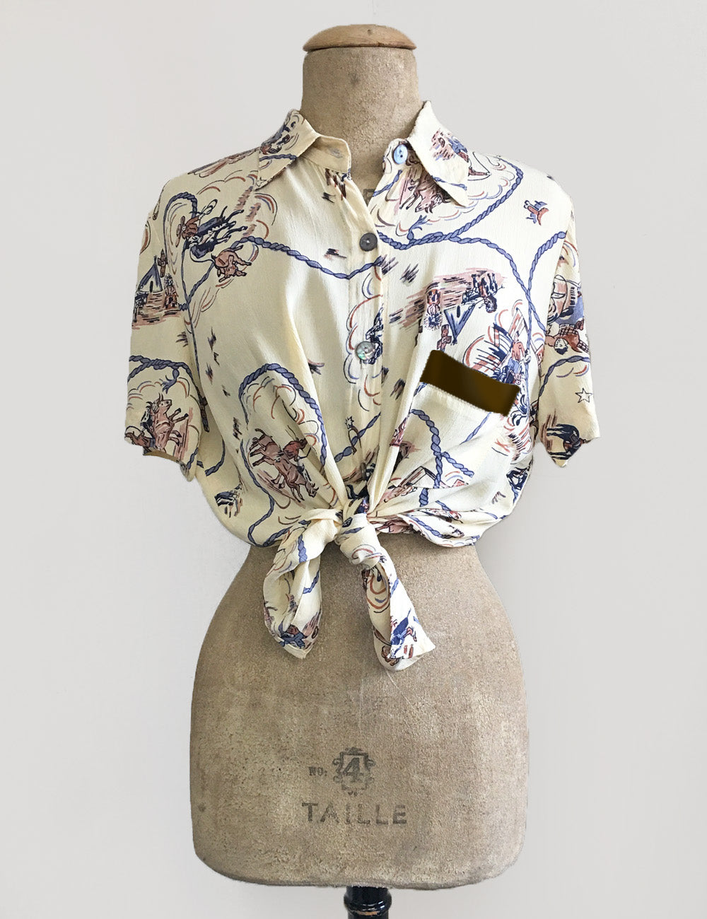 Ivory & Brown Vintage Western Print Button Up Short Sleeve Camp Shirt