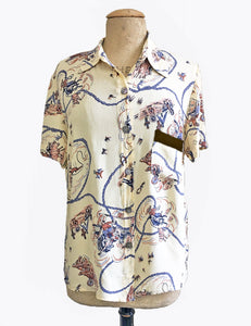 Ivory & Brown Vintage Western Print Button Up Short Sleeve Camp Shirt