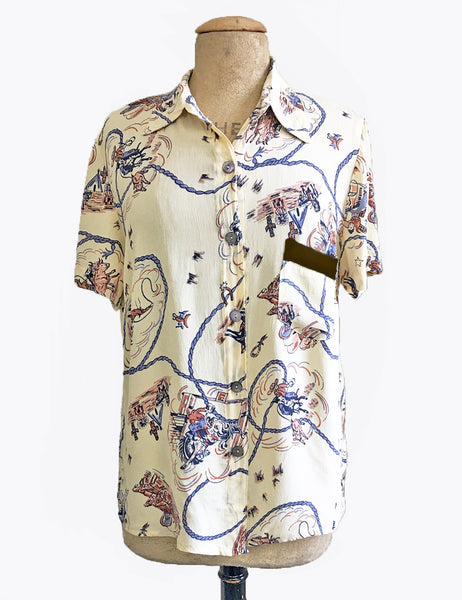 Ivory & Brown Vintage Western Print Button Up Short Sleeve Camp Shirt