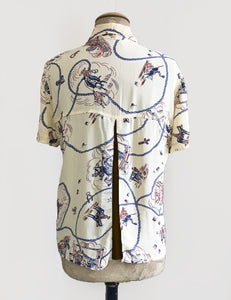 Ivory & Brown Vintage Western Print Button Up Short Sleeve Camp Shirt