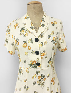 1940s Style Ivory Lemon Print Short Sleeve Vintage Day Dress