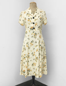 1940s Style Ivory Lemon Print Short Sleeve Vintage Day Dress