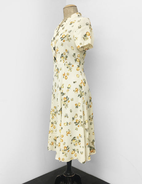 1940s Style Ivory Lemon Print Short Sleeve Vintage Day Dress