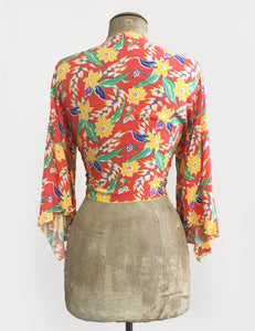 1940s Tropical Floral Soft Angel Wing Crop Tie Top