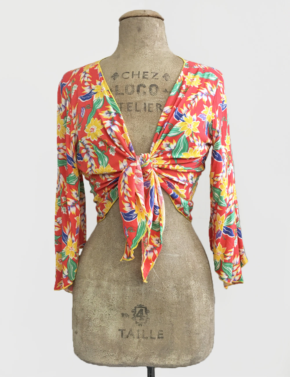 1940s Tropical Floral Soft Angel Wing Crop Tie Top