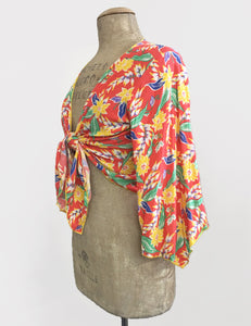 1940s Tropical Floral Soft Angel Wing Crop Tie Top