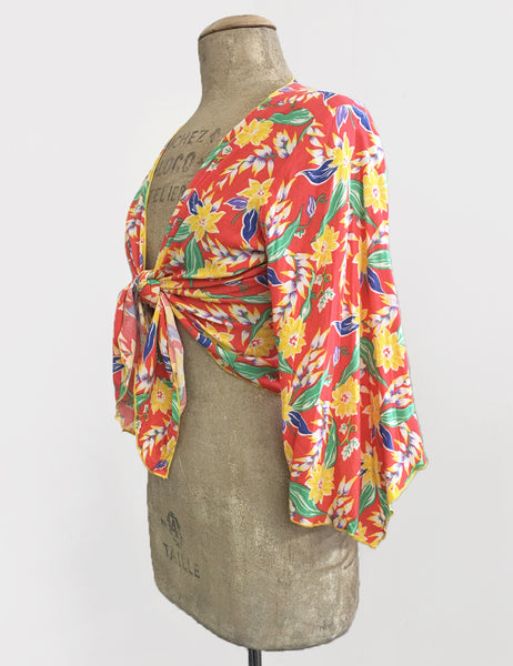 1940s Tropical Floral Soft Angel Wing Crop Tie Top