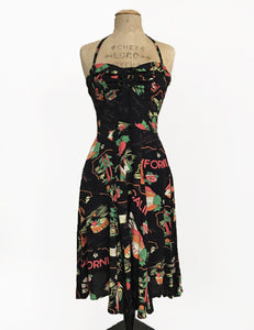 Black California Map Print 1940s Style Marta Halter Dress