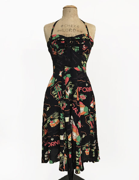 Black California Map Print 1940s Style Marta Halter Dress