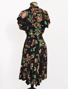 Black California Map Print 1940s Style Marta Halter Dress