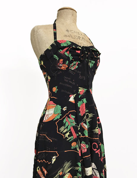 Black California Map Print 1940s Style Marta Halter Dress