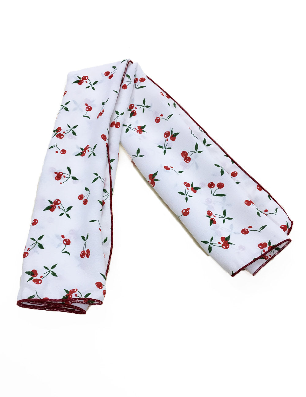 White & Red Cherry Print Square Hair & Neck Scarf