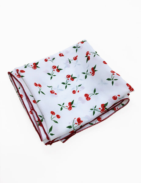 White & Red Cherry Print Square Hair & Neck Scarf