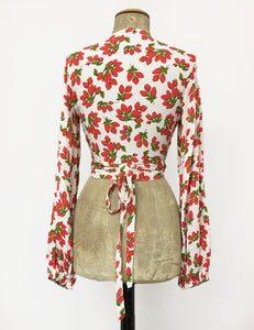 Red & White Rosebud Floral Print Drama Sleeve Babaloo Tie Crop Top