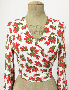 Red & White Rosebud Floral Print Drama Sleeve Babaloo Tie Crop Top
