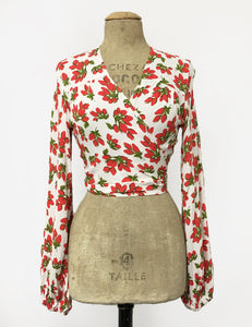 Red & White Rosebud Floral Print Drama Sleeve Babaloo Tie Crop Top