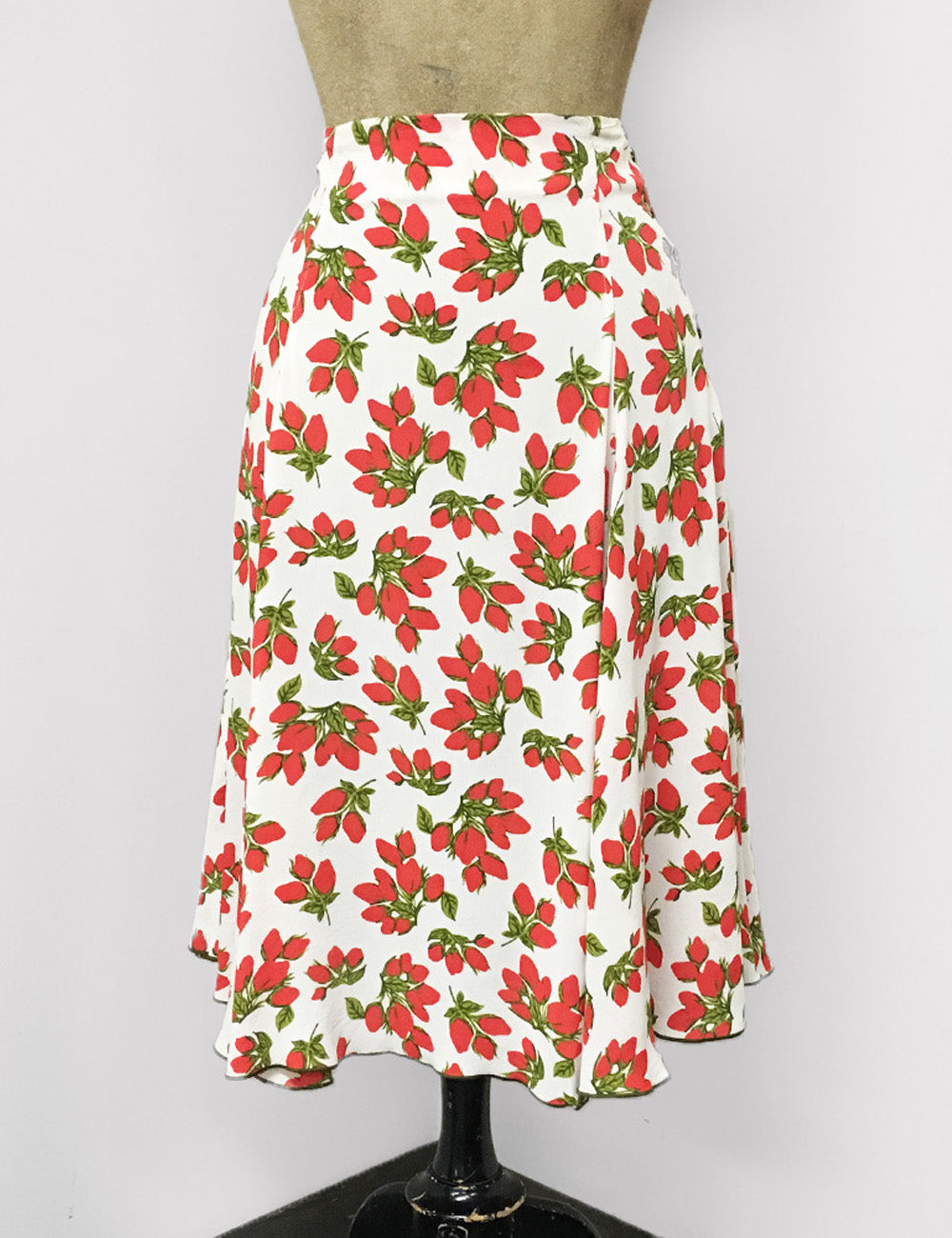 White & Red Rosebud Floral Venice Beach Balboa Circle Swing Skirt