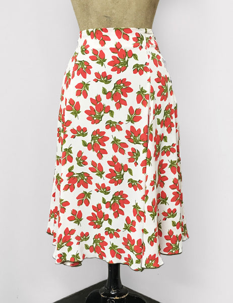 White & Red Rosebud Floral Venice Beach Balboa Circle Swing Skirt