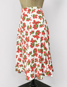 White & Red Rosebud Floral Venice Beach Balboa Circle Swing Skirt