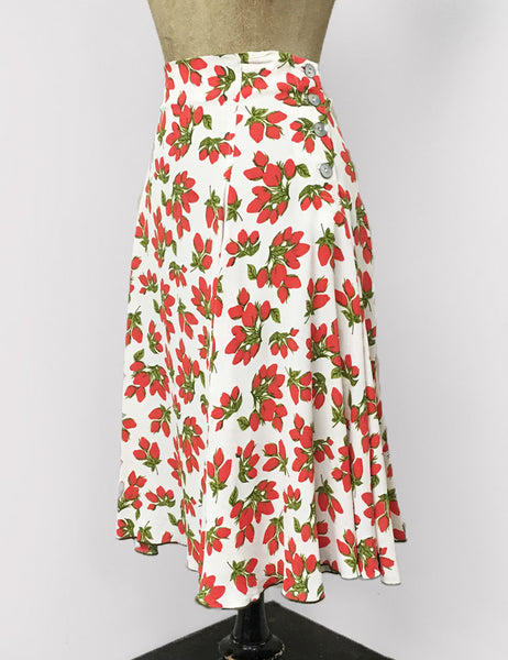 White & Red Rosebud Floral Venice Beach Balboa Circle Swing Skirt