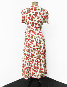 1940s Style White & Red Rosebud Floral Cascade Wrap Dress