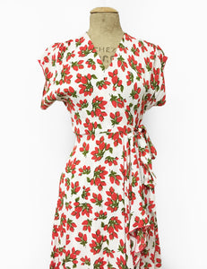 1940s Style White & Red Rosebud Floral Cascade Wrap Dress