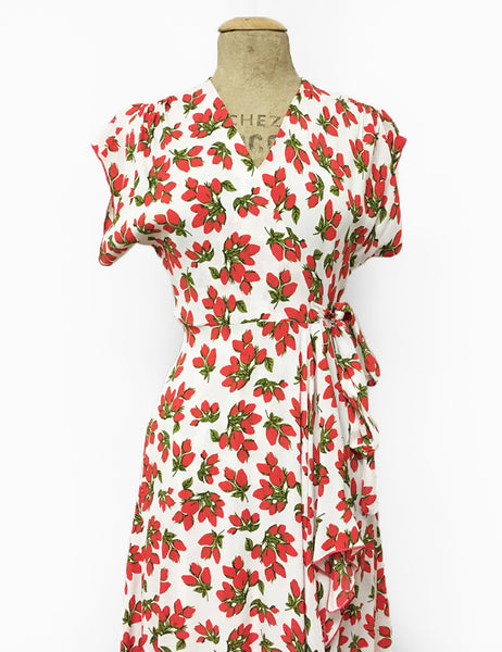 1940s Style White & Red Rosebud Floral Cascade Wrap Dress
