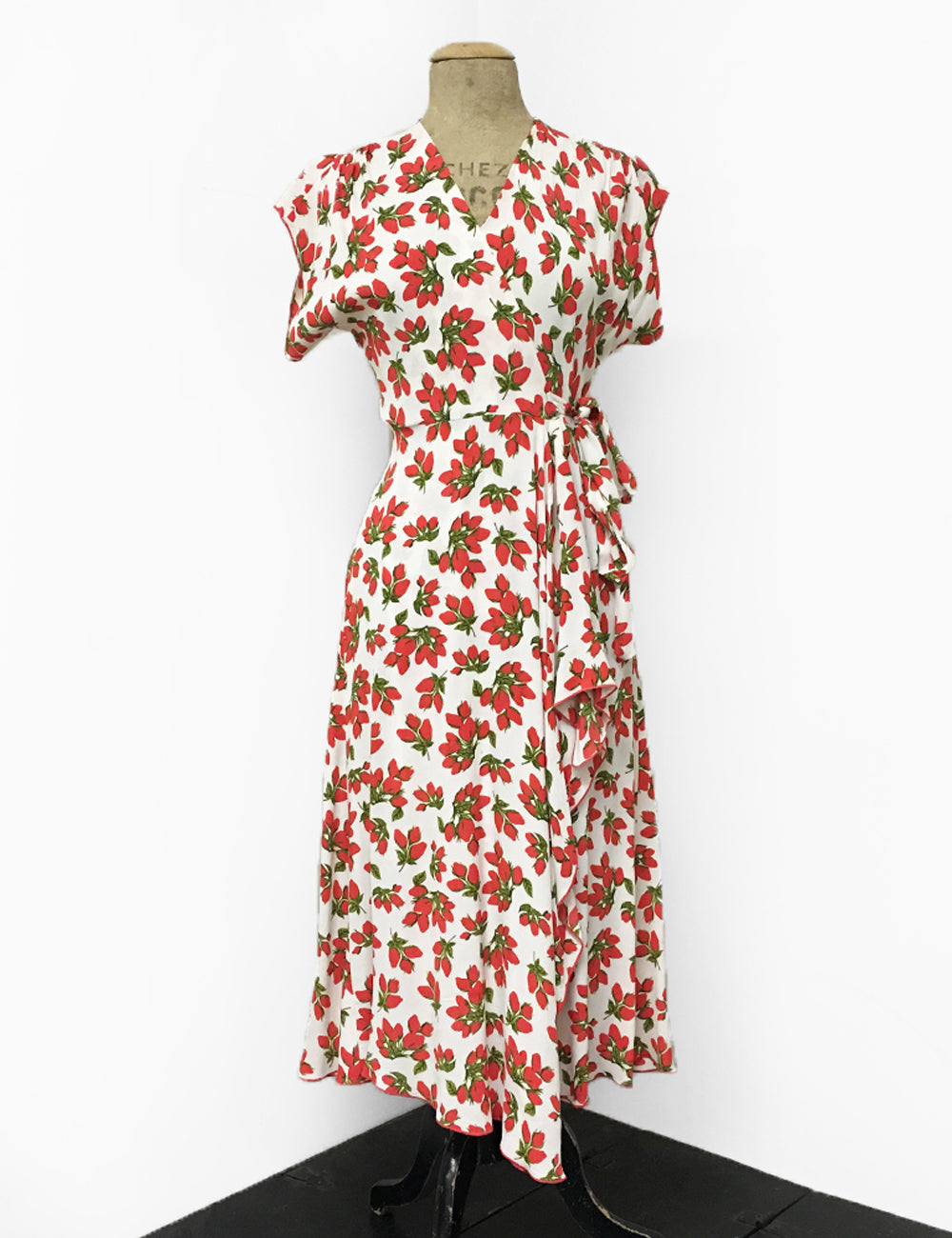 1940s Style White & Red Rosebud Floral Cascade Wrap Dress