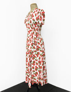 1940s Style White & Red Rosebud Floral Cascade Wrap Dress