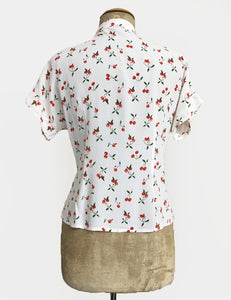 White & Red Cherry Print Vintage Style Amanda Tie Blouse