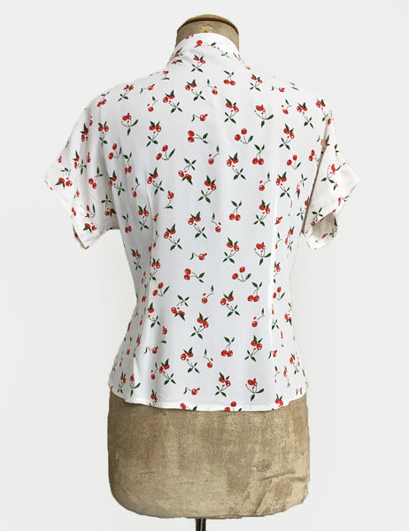 White & Red Cherry Print Vintage Style Amanda Tie Blouse