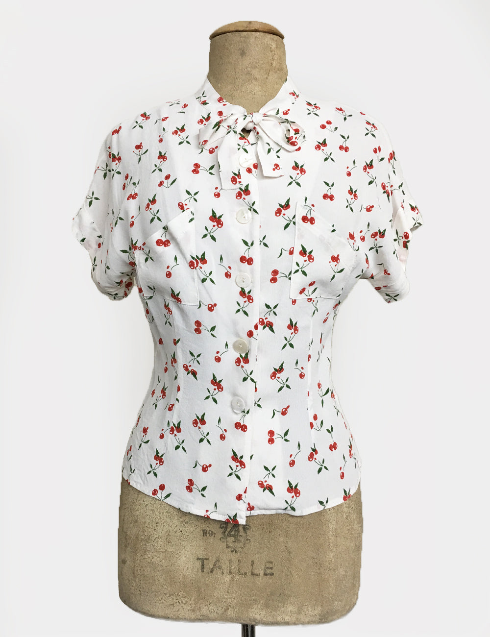 White & Red Cherry Print Vintage Style Amanda Tie Blouse