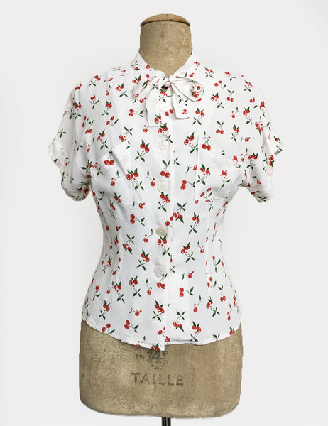 White & Red Cherry Print Vintage Style Amanda Tie Blouse