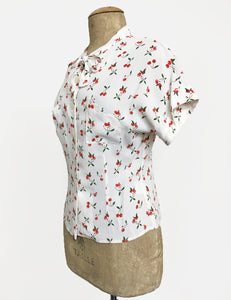 White & Red Cherry Print Vintage Style Amanda Tie Blouse