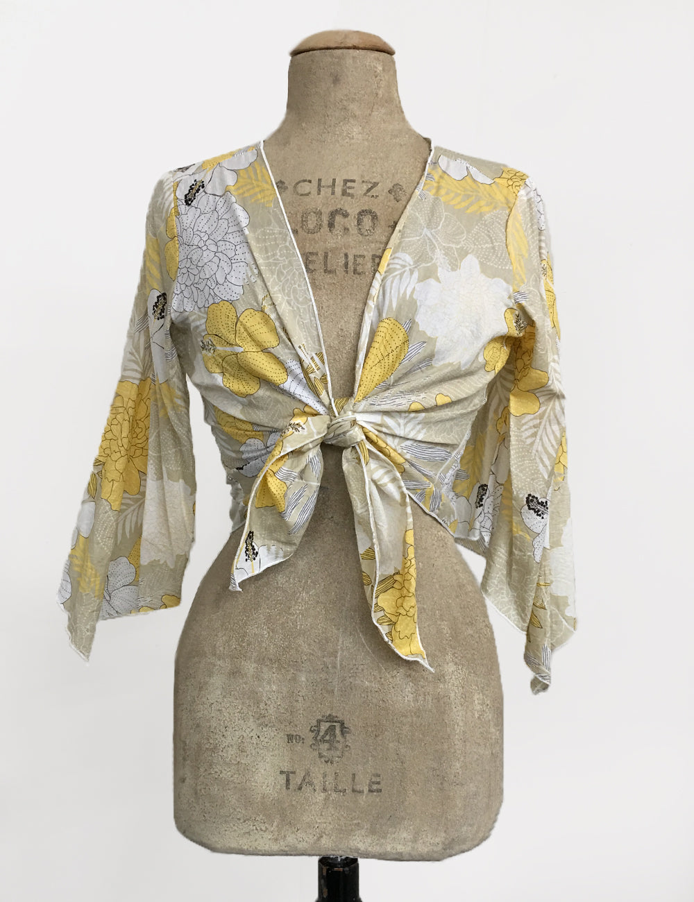 Yellow Crinkle Cotton Floral Angel Wing Crop Tie Top - FINAL SALE