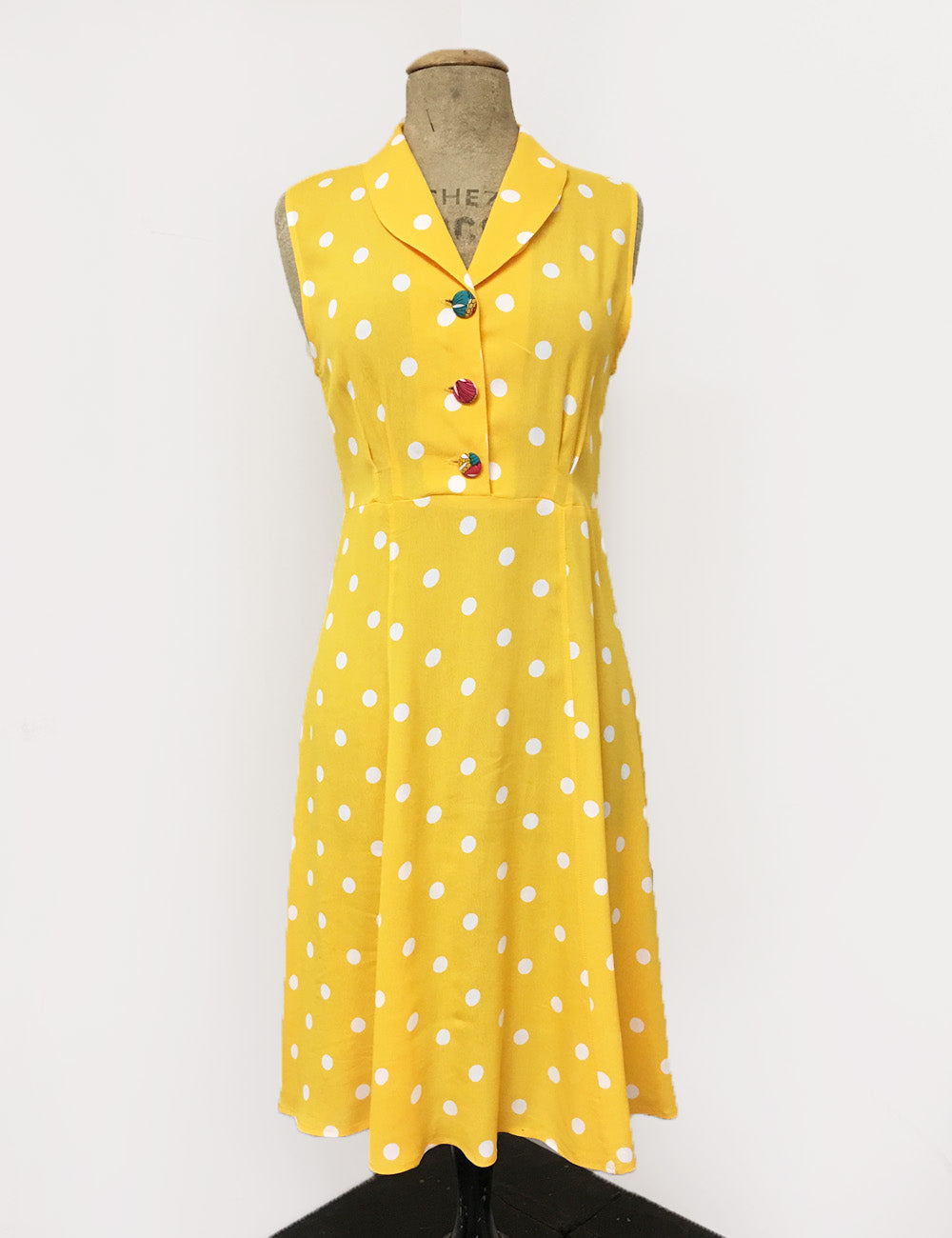 Yellow & White Polka Dot Sleeveless Knee Length Vintage Dress - FINAL SALE