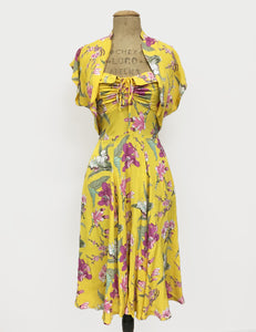 Yellow & Purple Iris Floral 1940s Inspired Marta Halter Swing Dress