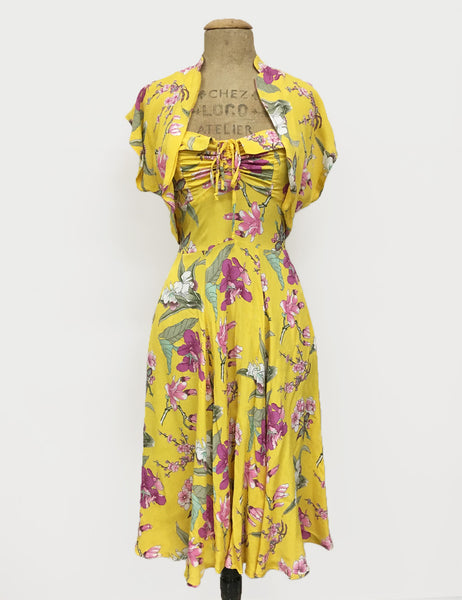 Yellow & Purple Iris Floral 1940s Inspired Marta Halter Swing Dress