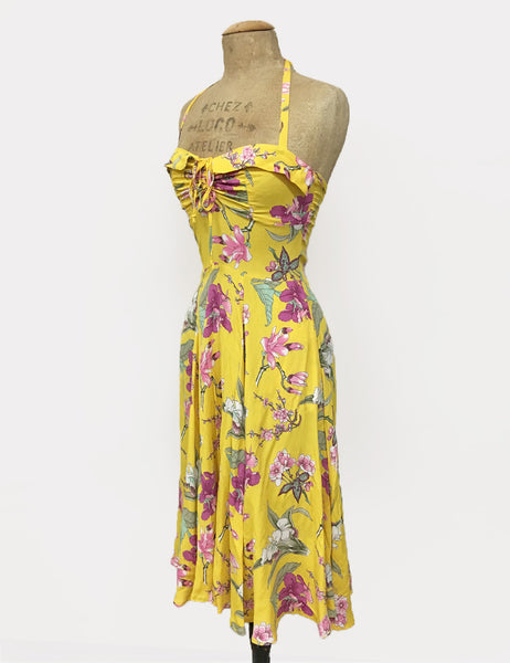Yellow & Purple Iris Floral 1940s Inspired Marta Halter Swing Dress