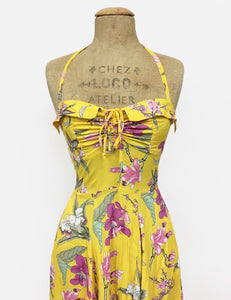 Yellow & Purple Iris Floral 1940s Inspired Marta Halter Swing Dress