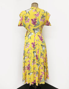 Yellow & Purple Iris Floral Print Tea Length Cascade Wrap Dress