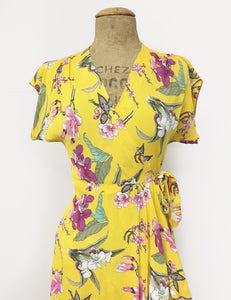 Yellow & Purple Iris Floral Print Tea Length Cascade Wrap Dress