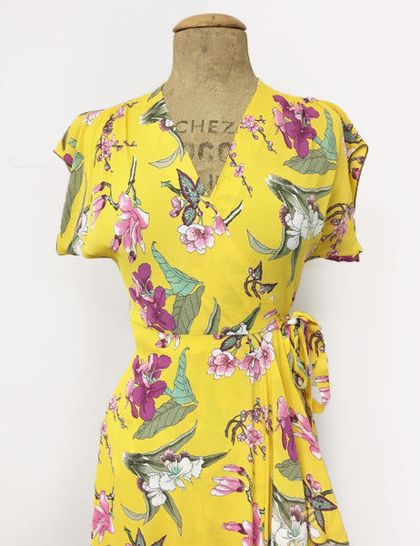 Yellow & Purple Iris Floral Print Tea Length Cascade Wrap Dress