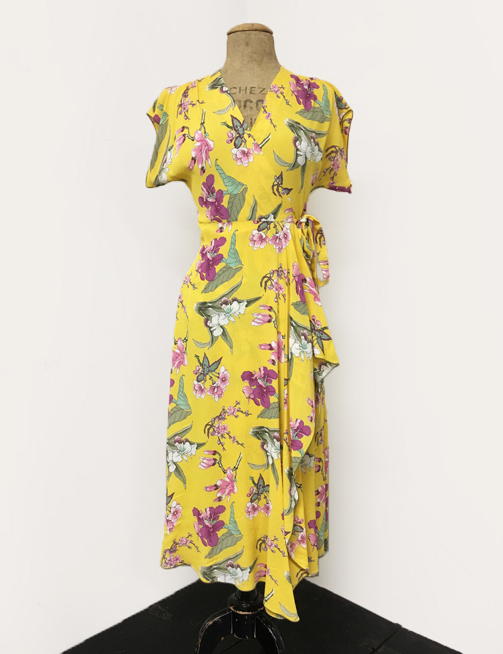 Yellow & Purple Iris Floral Print Tea Length Cascade Wrap Dress